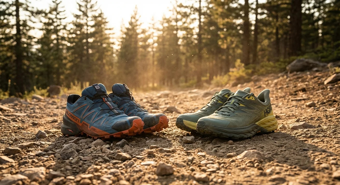 Salomon Speedcross 6 and Hoka Speedgoat 6 trail running shoes side by side