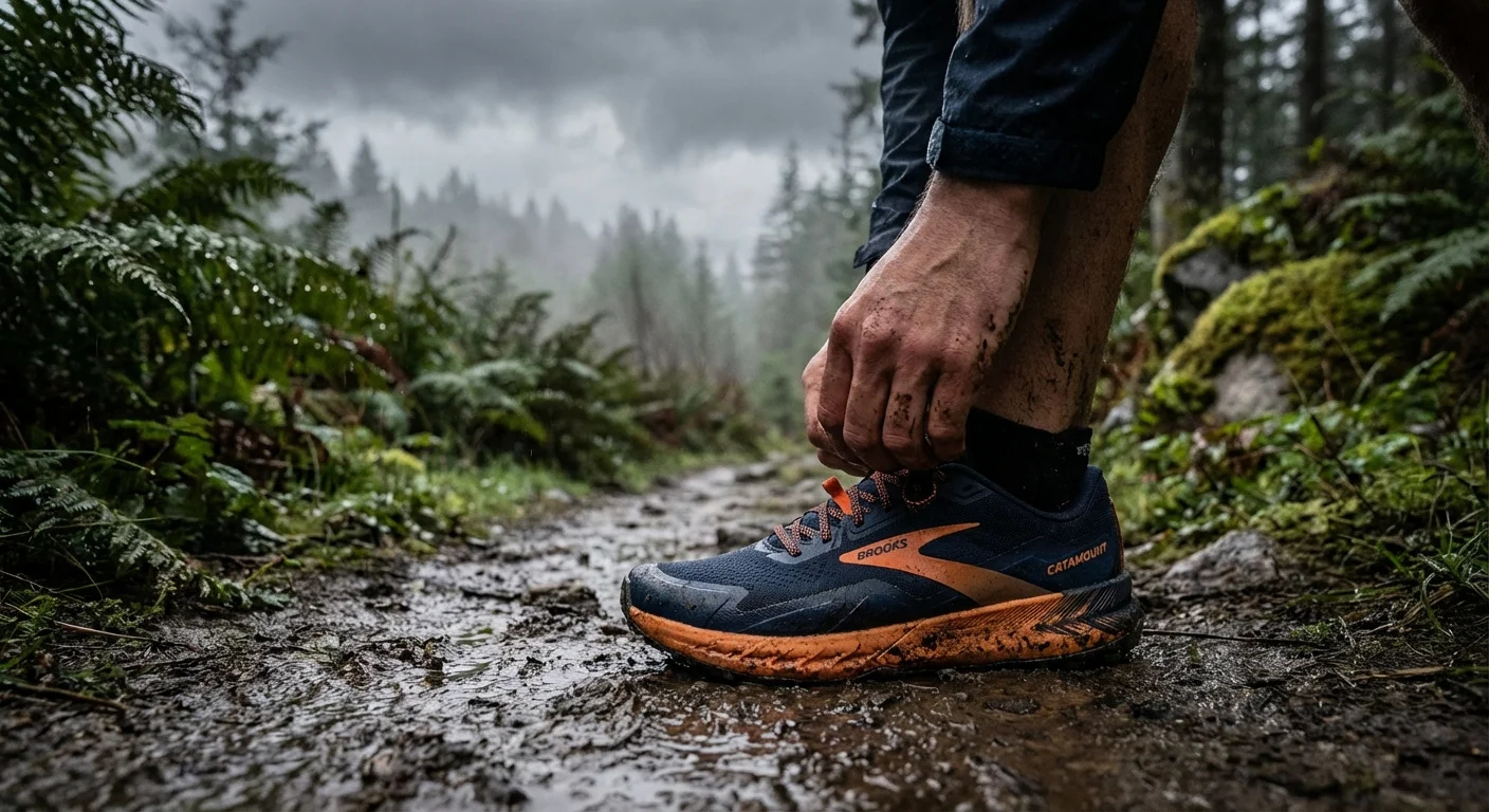 Brooks Catamount 4 trail running shoe on foot lacing detail