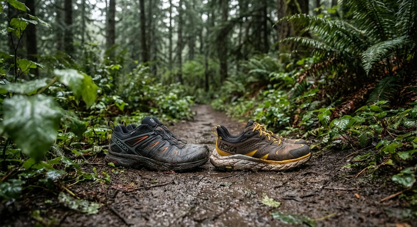 Salomon X Ultra 5 GTX and HOKA Anacapa Low GTX men's hiking shoes side by side
