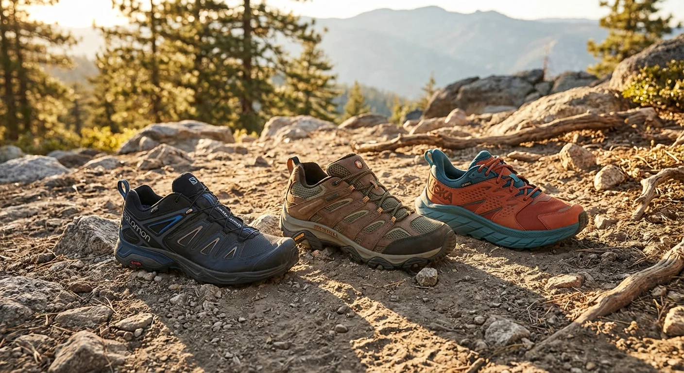 Salomon X Ultra 5 GTX Merrell Moab 3 Waterproof HOKA Anacapa Low GTX hiking shoes group shot