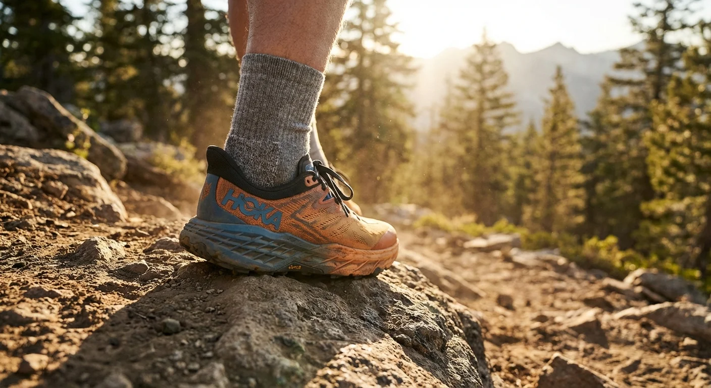 Hoka Speedgoat 6 on rocky mountain trail runner foot closeup