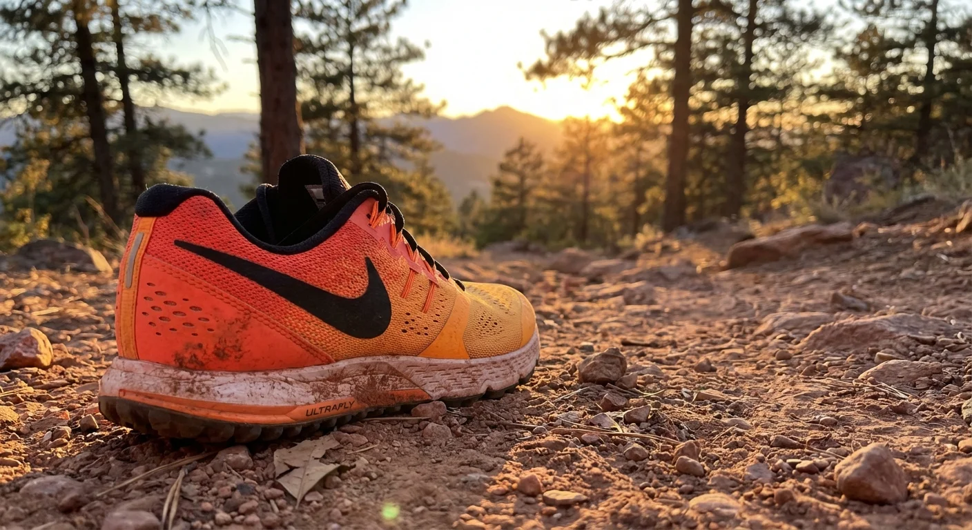 Nike Ultrafly trail running shoe on dirt trail close-up