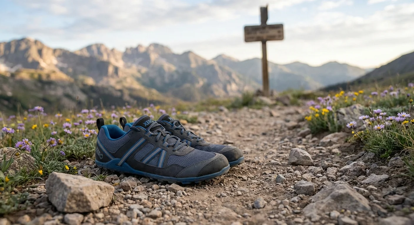 Xero Shoes Mesa Trail II barefoot running shoe on rocky terrain