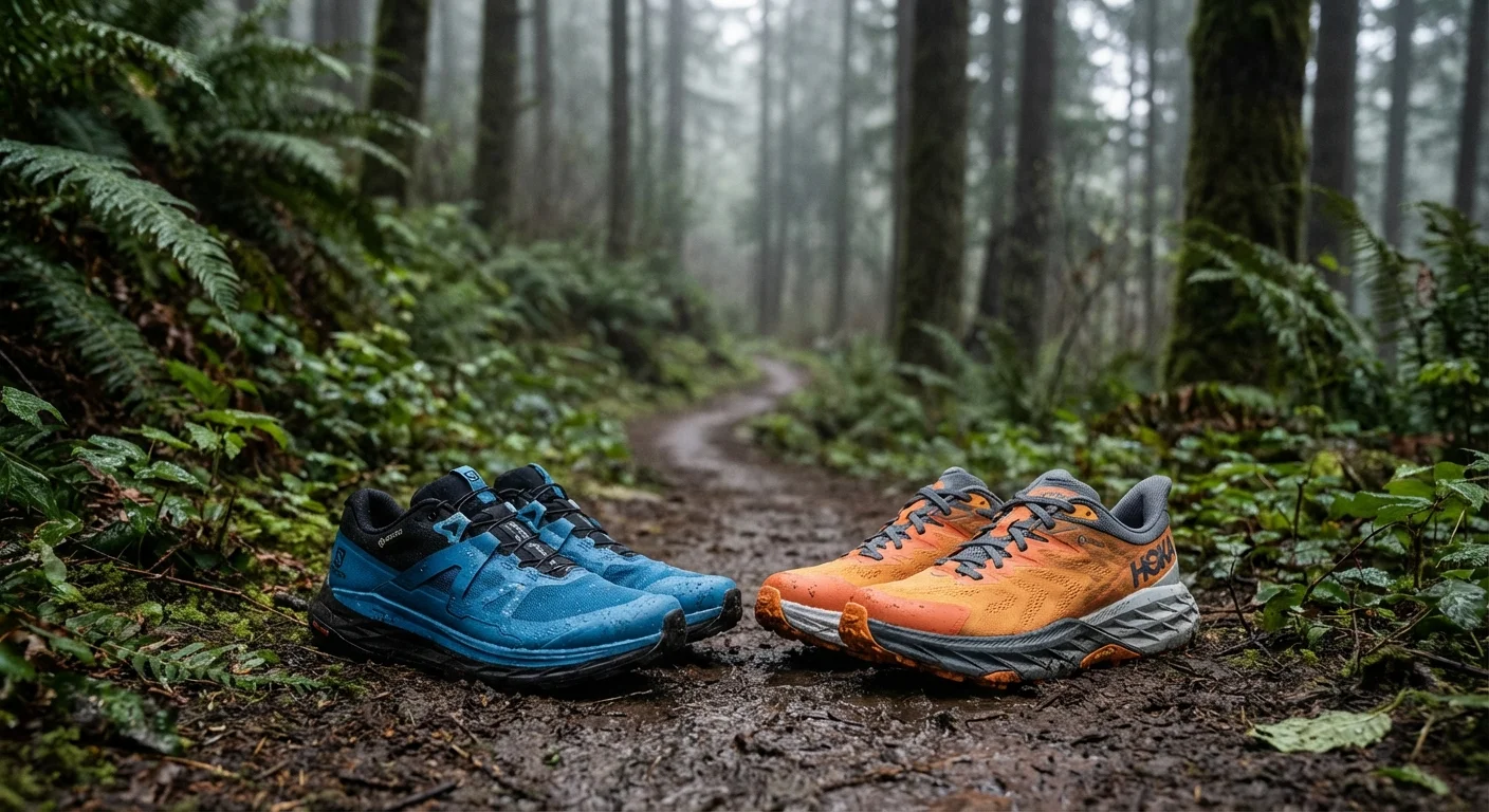 Salomon Ultra Glide 4 GTX and Hoka Speedgoat 6 GTX waterproof trail shoes side by side
