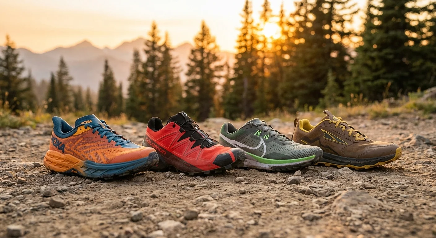 trail running shoes lineup including Hoka Speedgoat Salomon Speedcross Nike Pegasus Trail and Altra Lone Peak