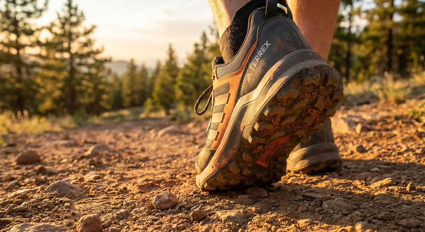 adidas Terrex AX4 trail shoe on rocky dirt path close-up tread detail