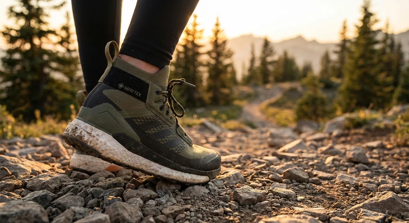 Adidas Terrex Free Hiker 2.0 GTX waterproof trail shoe on rocky terrain