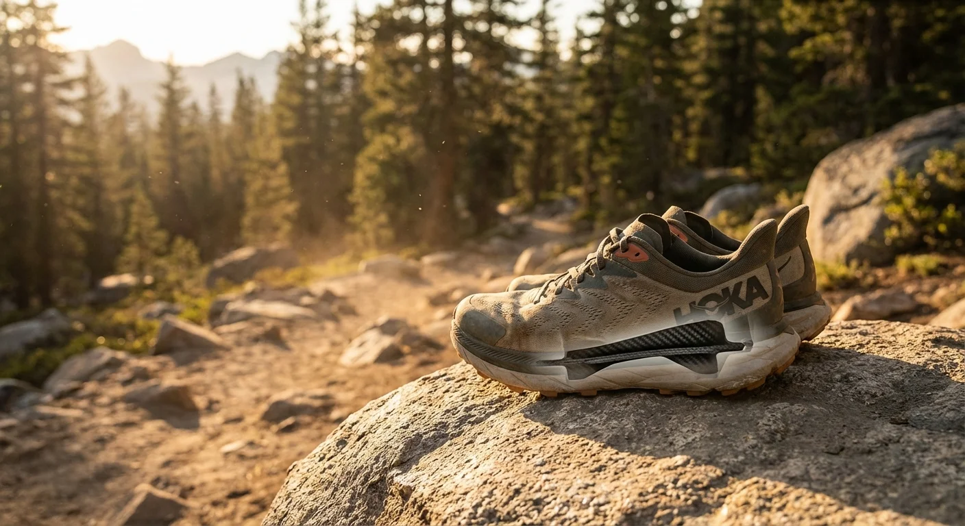 Hoka Tecton X3 trail running shoe with carbon plate visible in cutaway view