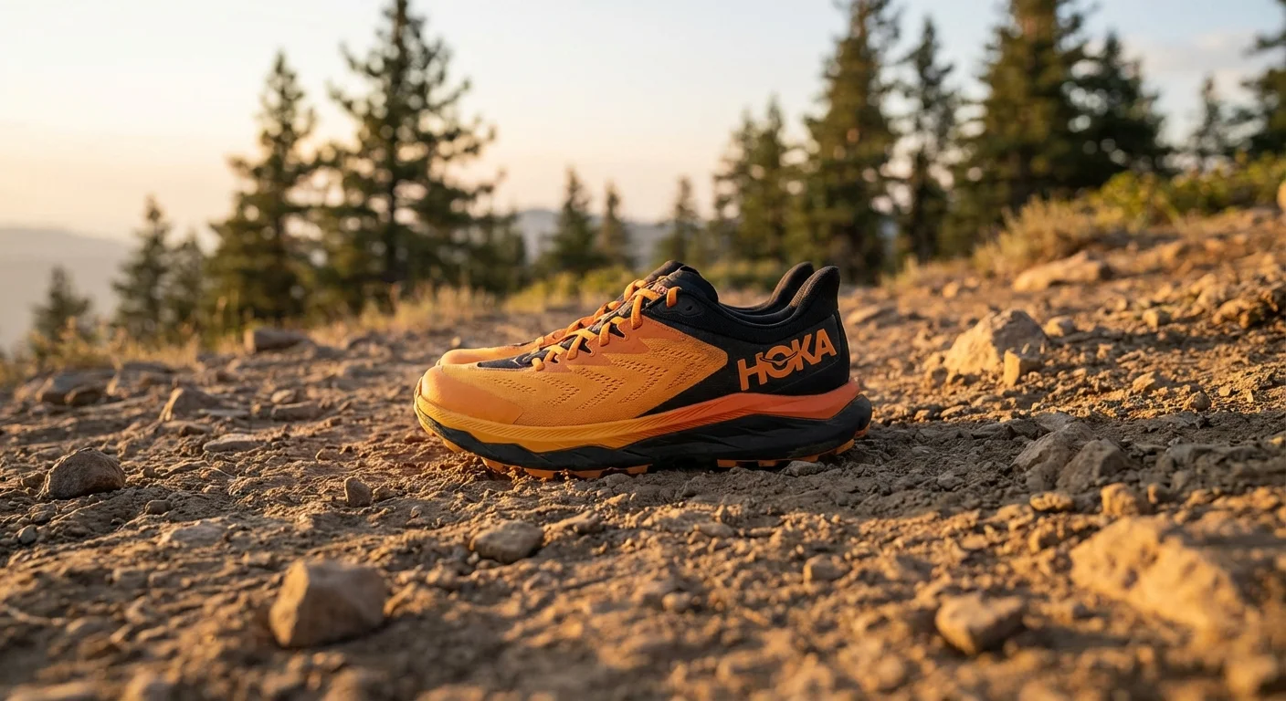 Hoka Tecton X 3 trail running shoe side profile in orange and black colorway