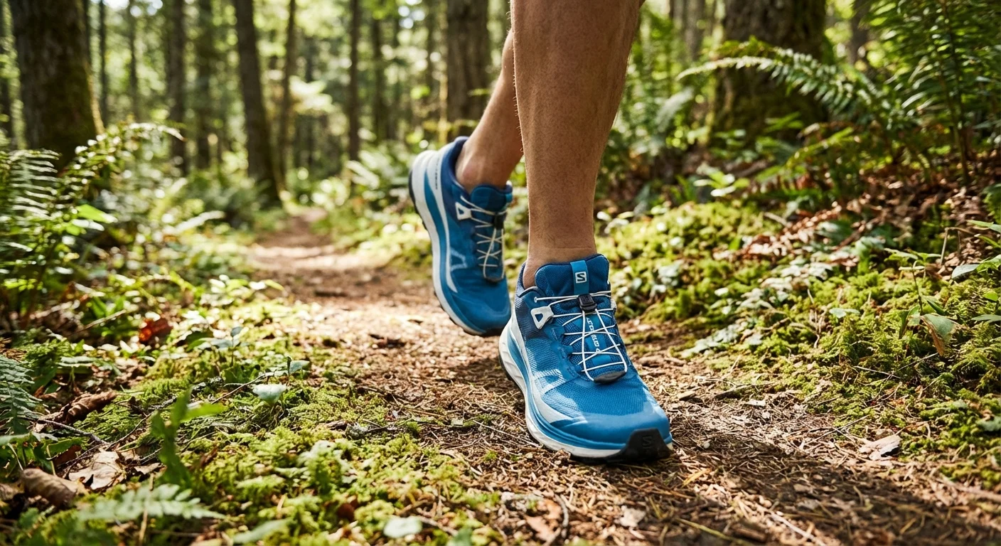 Salomon Ultra Glide 4 trail shoe in blue and white colorway with Quicklace system