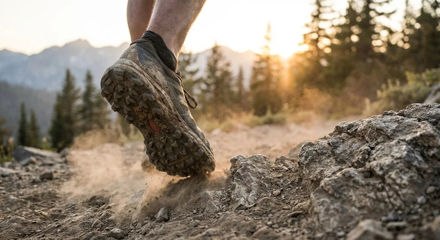 trail running shoes being tested on rocky mountain singletrack terrain showing outsole grip