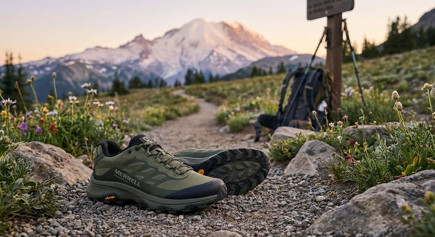 Merrell Moab Speed 2 trail shoe in olive green with Vibram outsole visible