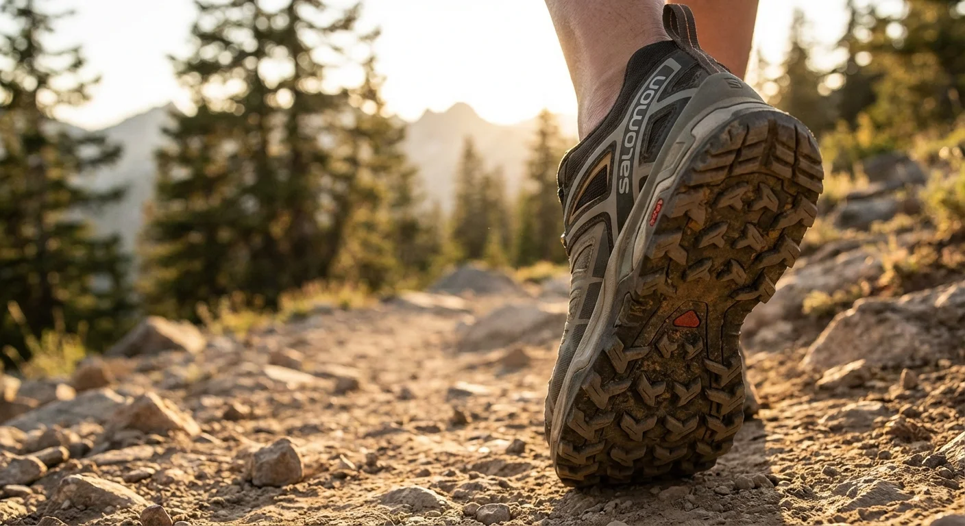 Salomon X Ultra 5 hiking shoe on rocky trail close-up outsole tread detail