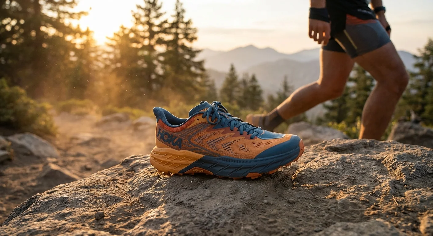 Hoka Speedgoat 6 trail shoe on rocky mountain terrain