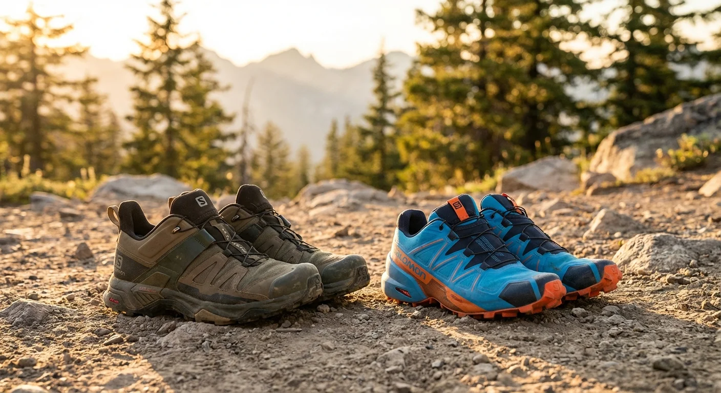 Salomon X Ultra 4 hiking shoe next to Salomon Speedcross 6 trail running shoe