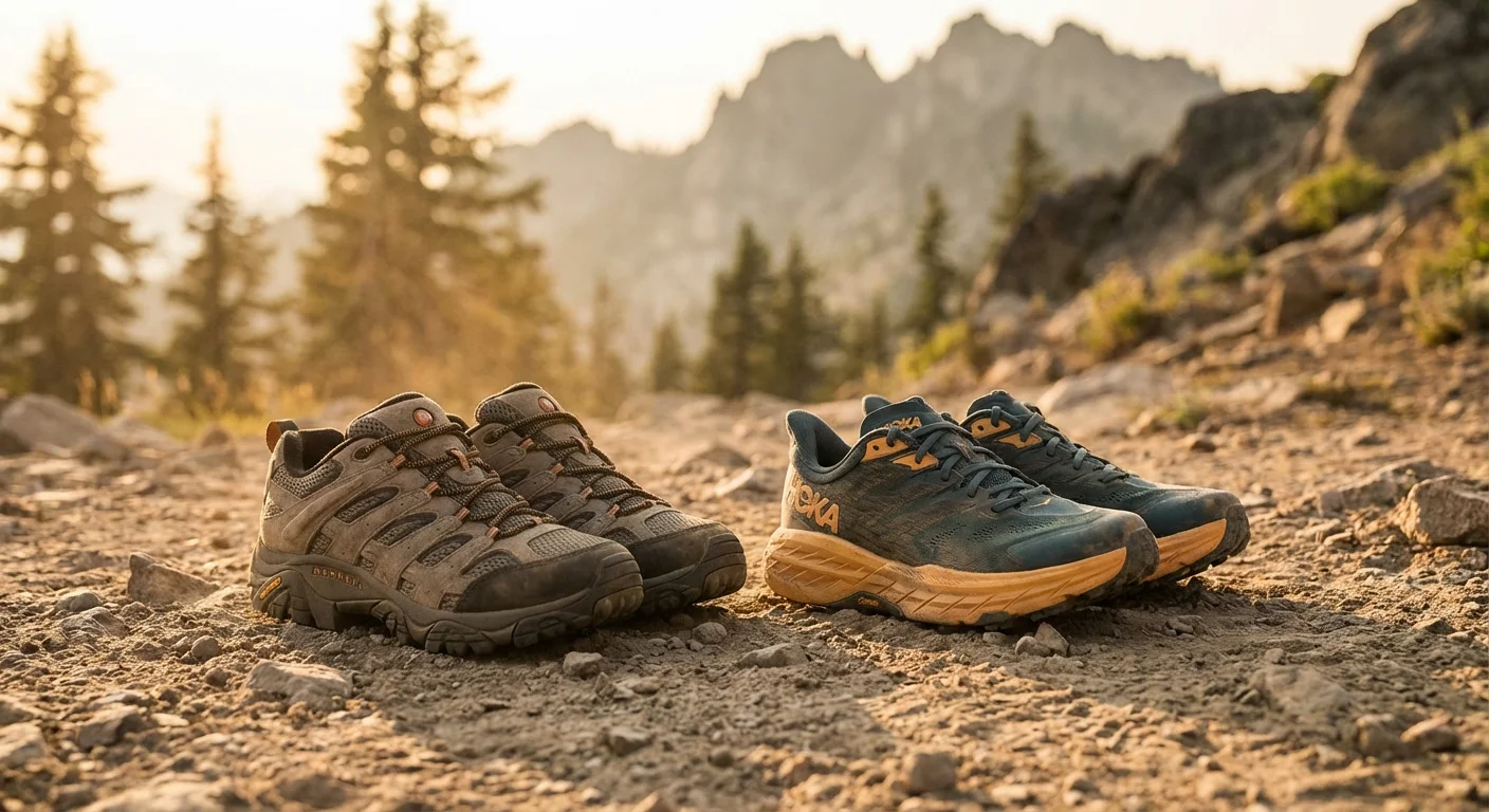 Merrell Moab 3 hiking shoe and Hoka Speedgoat 6 trail runner side by side