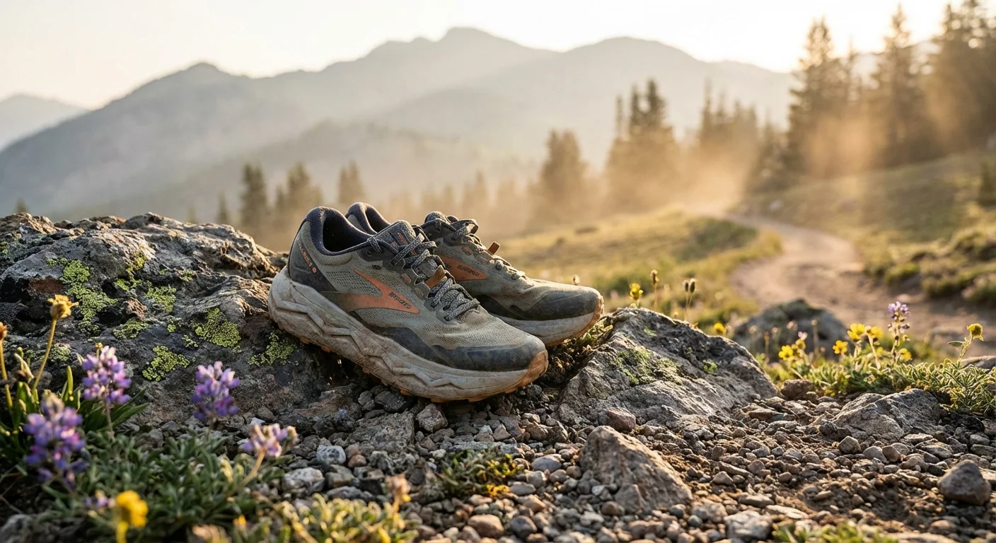 Brooks Caldera 8 trail running shoe on rocky terrain