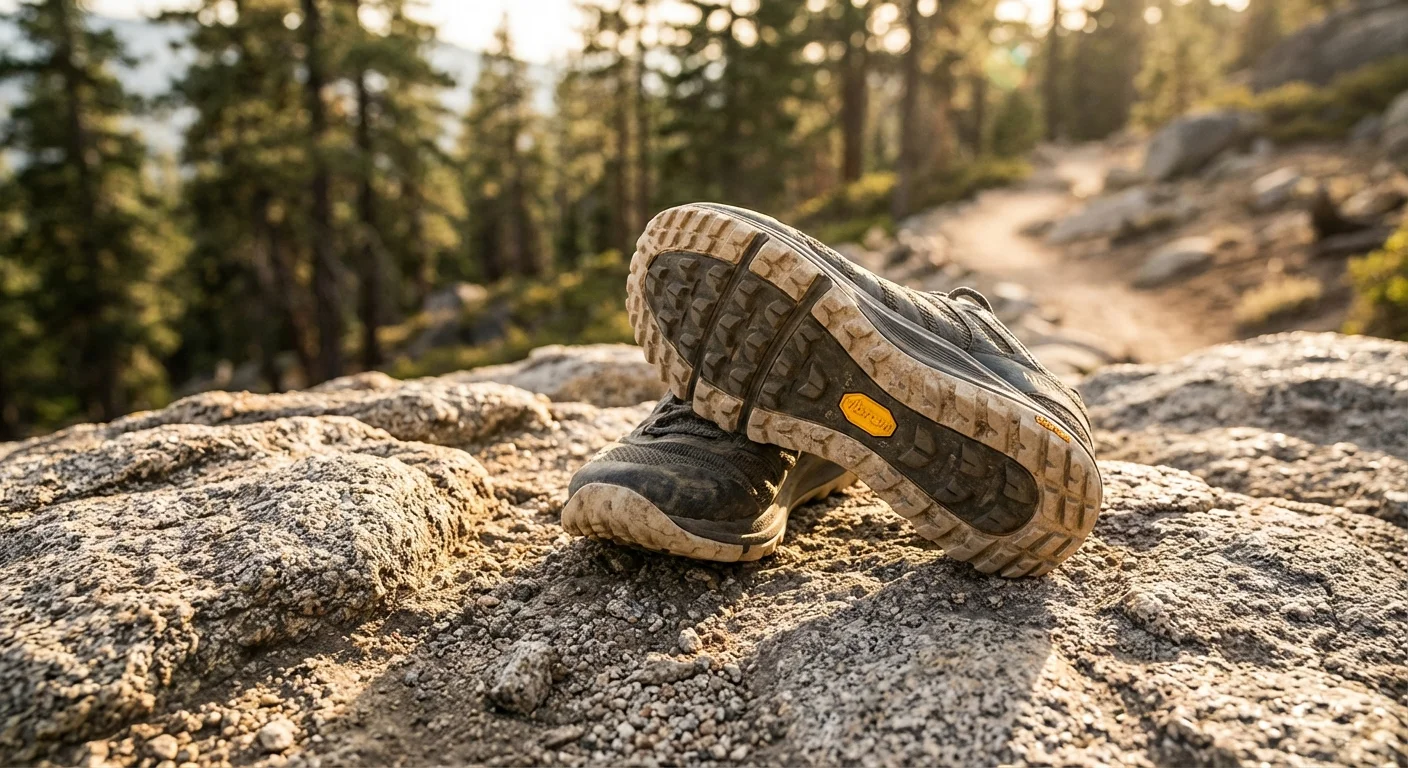 Merrell Nova 3 trail running shoe on rocky terrain showing Vibram Megagrip outsole