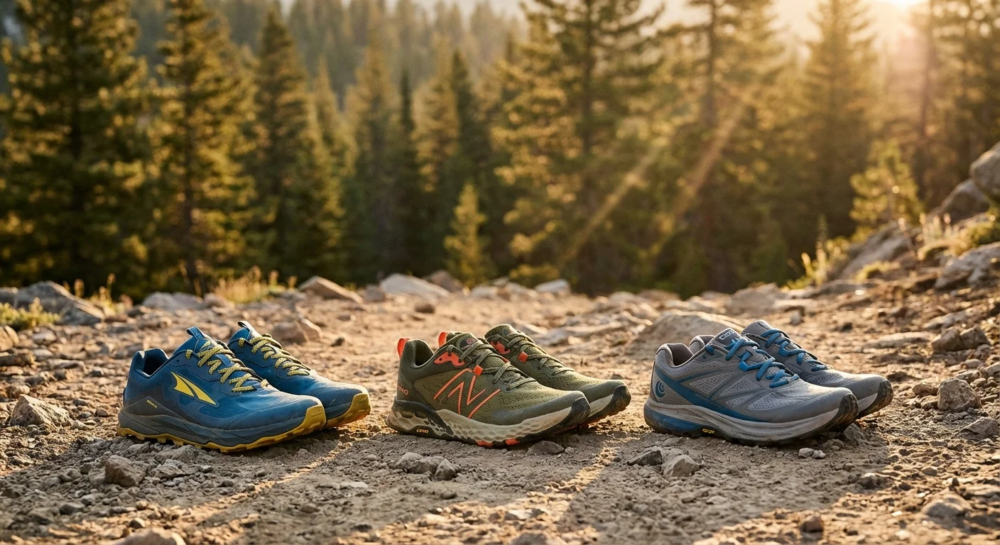 Altra Lone Peak 8 New Balance Hierro v8 Topo Ultraventure 4 trail shoes lined up