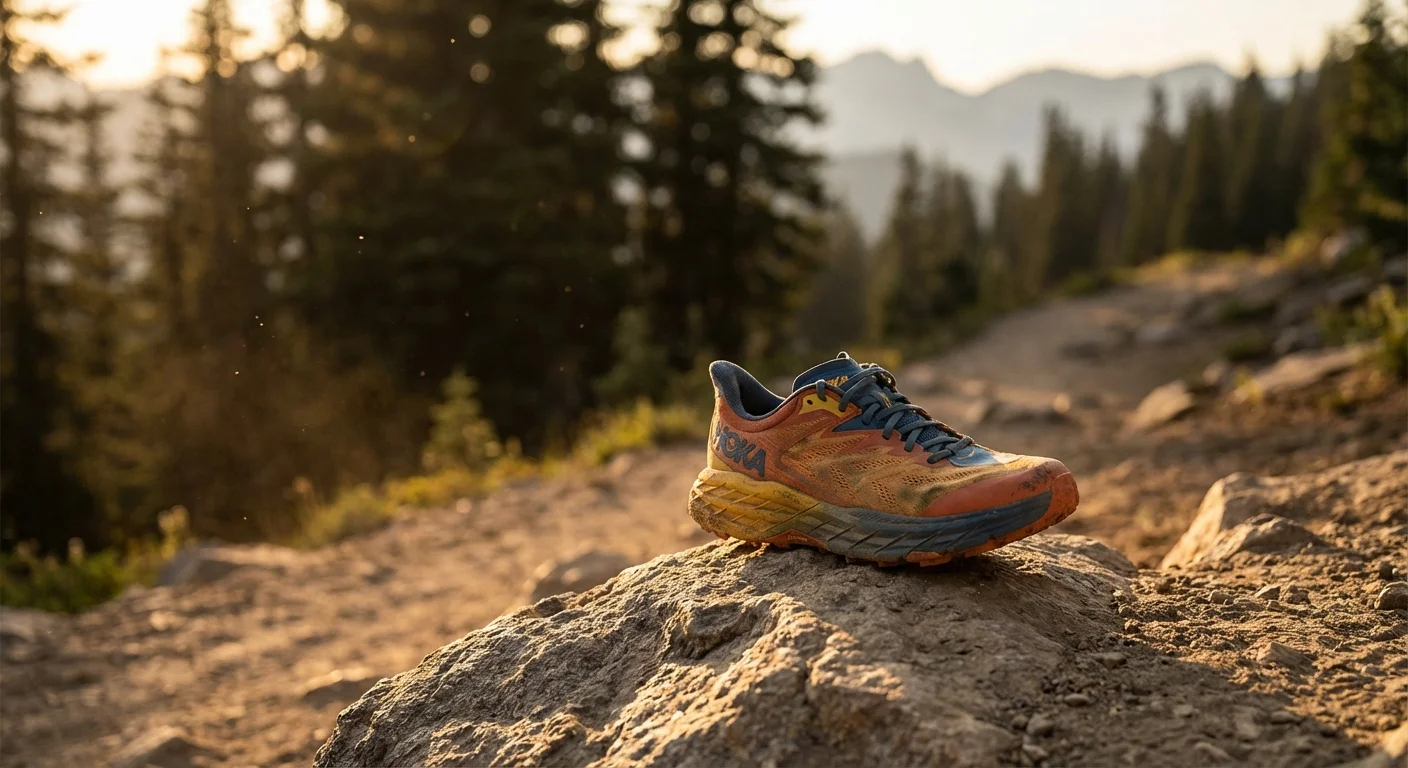 Hoka Speedgoat 6 trail shoe on rocky trail terrain