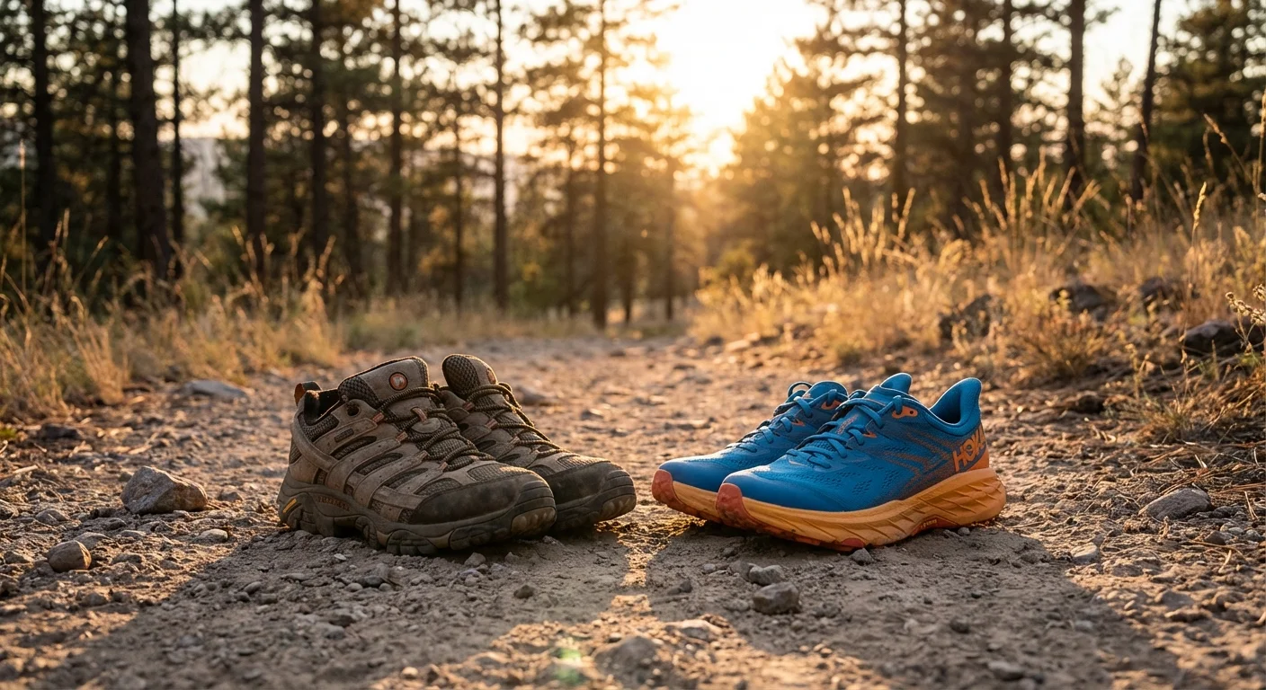 Merrell Moab 3 hiking shoe and Hoka Speedgoat 6 trail shoe side by side