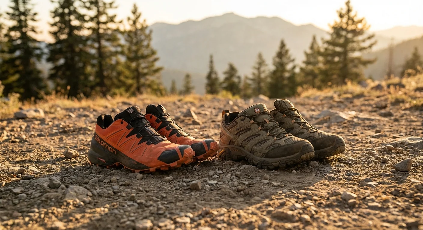 Salomon Speedcross 6 trail running shoe and Merrell Moab 3 hiking shoe side by side