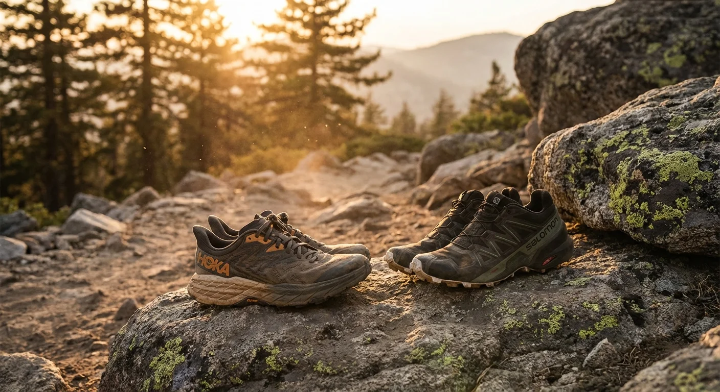 Hoka Speedgoat 6 and Salomon Speedcross 6 trail shoes on rocky ground