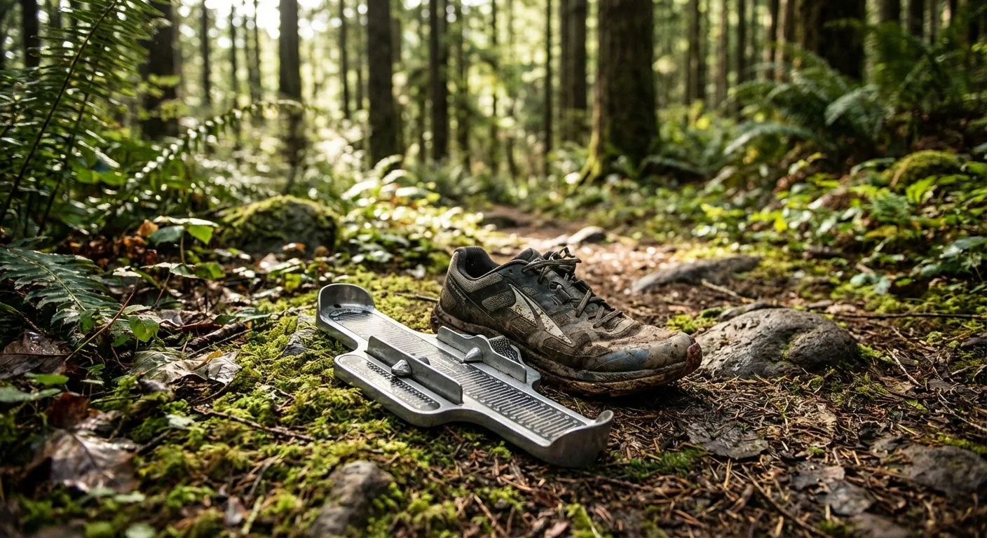Brannock device foot measurement tool with running shoe nearby