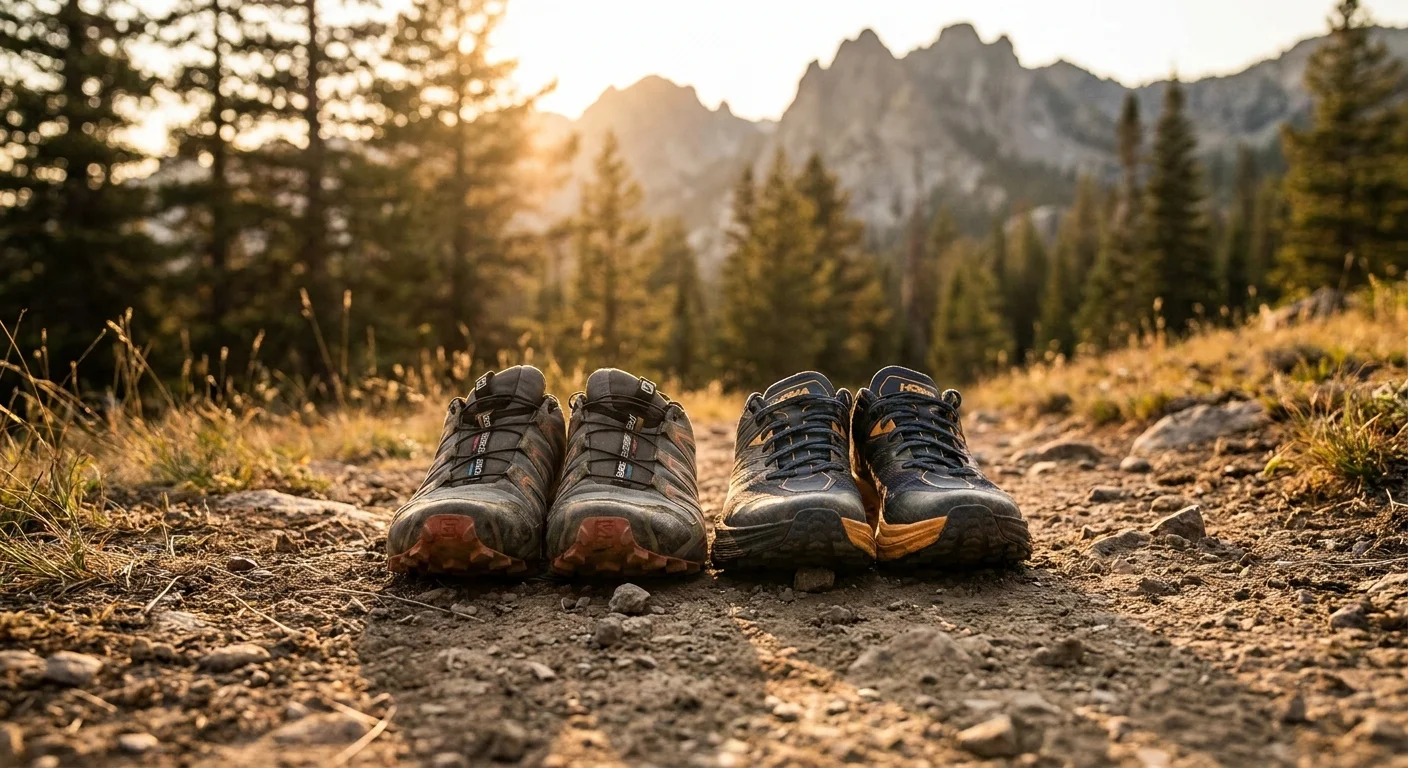 Salomon Speedcross and Hoka Speedgoat trail running shoes lined up on dirt trail