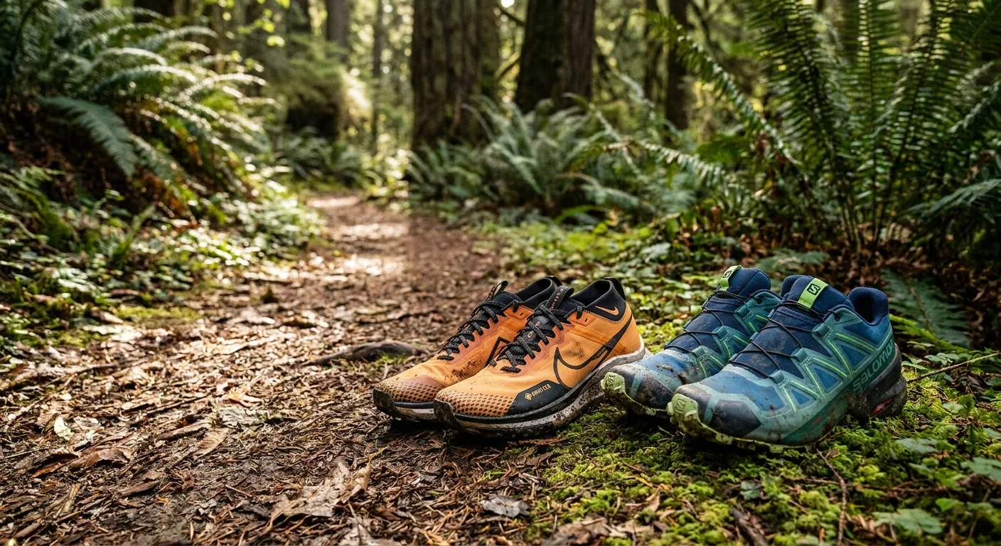 Nike Pegasus Trail 5 and Salomon Speedcross 6 trail running shoes with muddy outsoles