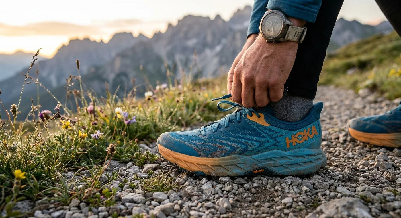 Hoka Speedgoat 5 being laced with heel lock lacing technique close-up