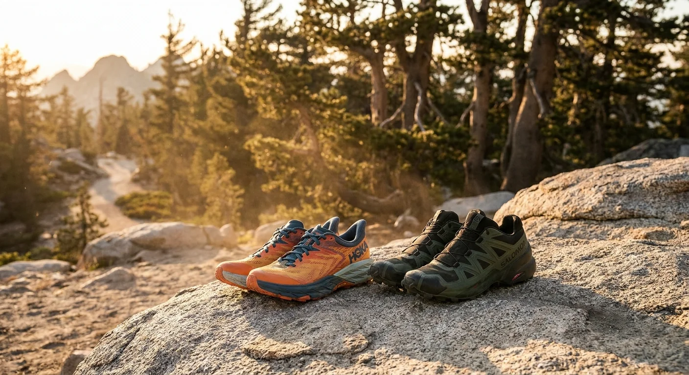 Hoka Speedgoat 6 and Salomon Speedcross 6 trail running shoes side by side