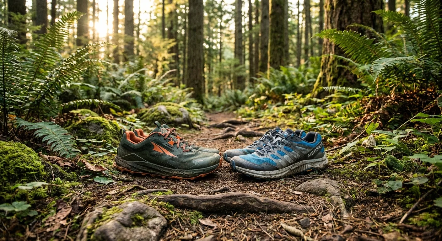 Altra Lone Peak 9 and Merrell trail running shoes with wide toe box design